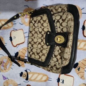 Coach Signature Canvas and Leather Shoulder Bag - Black and Brown